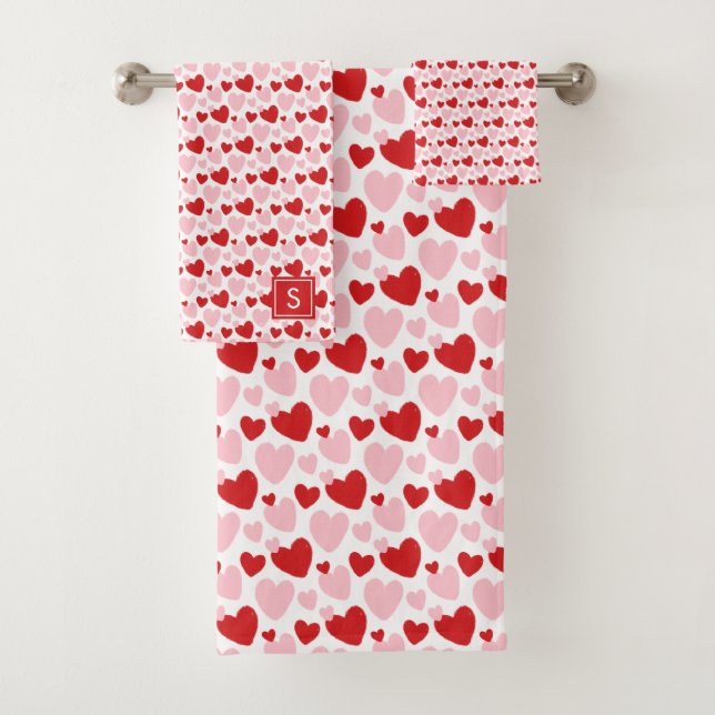 Cute Pink Red Speckled Heart Pattern Personalized Bath Towel Set (Insitu)