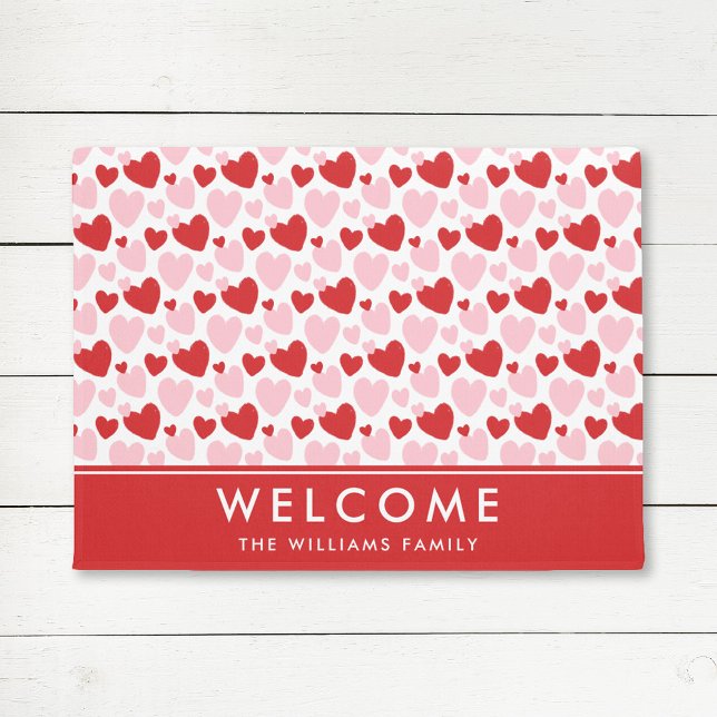 Cute Pink Red Speckled Heart Pattern Personalized Doormat (Creator Uploaded)