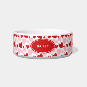 Cute Pink Red Speckled Heart Personalized Pet Bowl