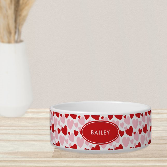 Cute Pink Red Speckled Heart Personalized Pet Bowl (Creator Uploaded)