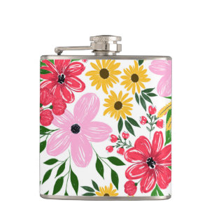 Cute Pink Red Spring Floral Hand Paint Design Hip Flask