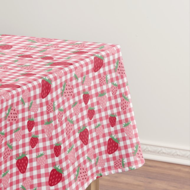 Cute Pink Red Strawberry Plaid Pattern Tablecloth (In Situ)