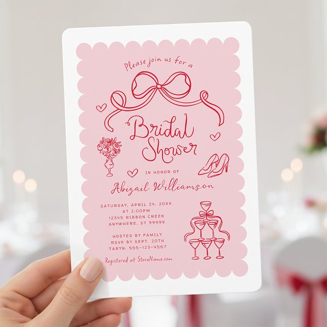 Cute Pink Red Whimsical Bridal Shower Invitation (Shown on a 5" x 7" invitation with Rounded Corner Style)