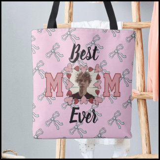 Cute Pink red & White Bows 1 Photo Best Mom Ever Tote Bag