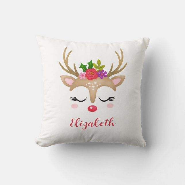 Cute Pink Reindeer Christmas Monogram Throw Pillow (Front)