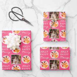 Cute Pink Reindeer Family Photo Christmas  Wrapping Paper Sheet