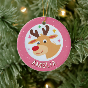 Cute Pink Reindeer Kid`s Name Christmas Ceramic Ornament