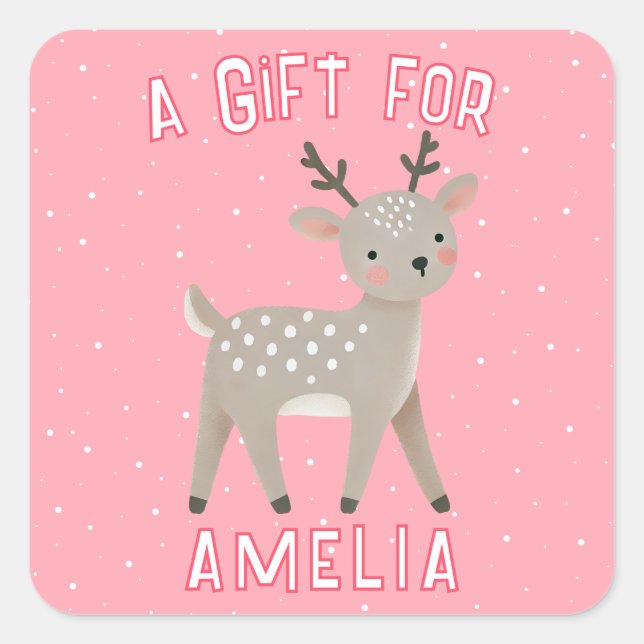 Cute Pink Reindeer Kid`s Name Christmas Gift Square Sticker (Front)