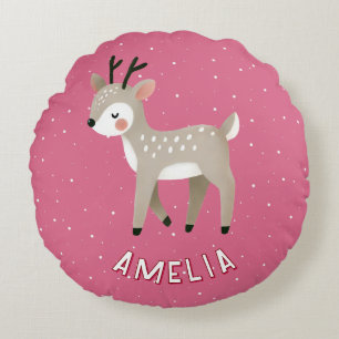 Cute Pink Reindeer Kid`s Name Christmas Round Pillow