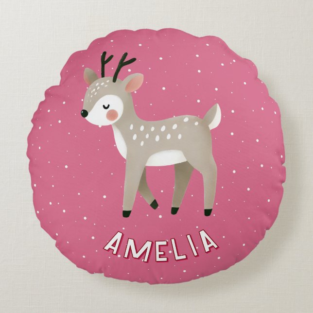 Cute Pink Reindeer Kid`s Name Christmas Round Pillow (Front)