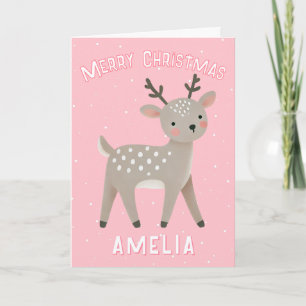 Cute Pink Reindeer Kid`s Name Merry Christmas Card