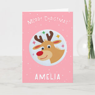 Cute Pink Reindeer Kid`s Name Merry Christmas Card