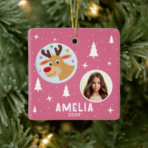 Cute Pink Reindeer Kid`s Name Photo Christmas Ceramic Ornament