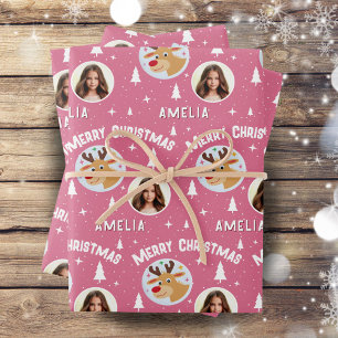 Cute Pink Reindeer Kid`s Name Photo Christmas Wrapping Paper Sheet