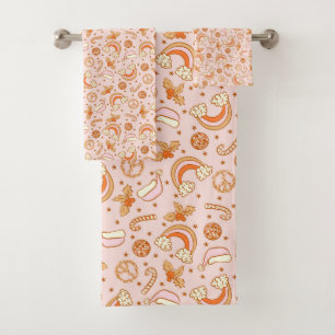 Cute Pink Retro Christmas Disco Rainbow Santa Bath Towel Set