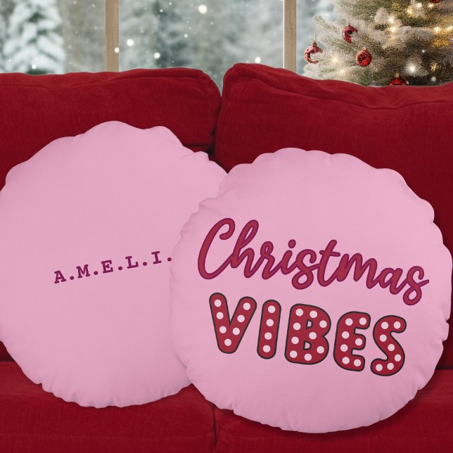 Cute Pink Retro Christmas Vibes Round Pillow (cute pink retro christmas vibes round pillow)