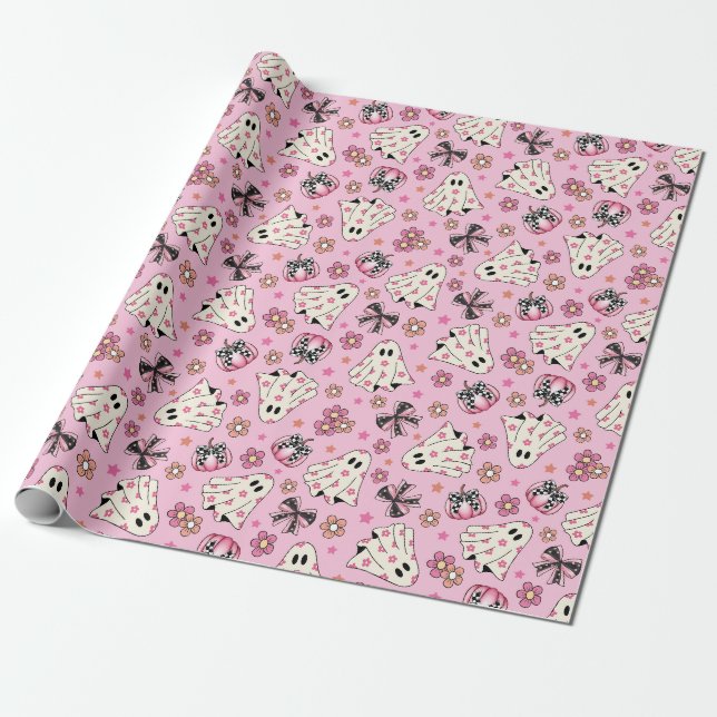 Cute Pink Retro Floral Coquette Ghosts Pumpkins Wrapping Paper (Unrolled)