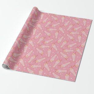 Cute Pink Retro Strawberry Milkshake Pattern  Wrapping Paper