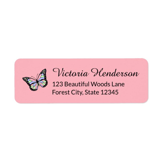 Cute Pink Return Address Labels with Butterfly (Front)