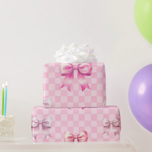 Cute Pink Ribbon and Gingham Sweet Girly Pattern Wrapping Paper