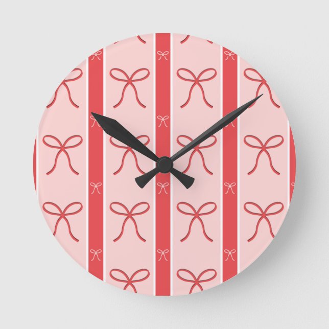 Cute Pink Ribbon Striped Pattern Round Clock (Front)