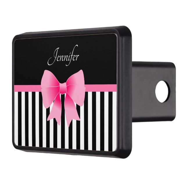 Cute Pink Ribbon Stripes Pattern Trailer Hitch Cover (Left)
