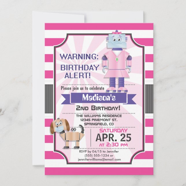 Cute Pink Robot, Girl's Birthday Party Invitation (Front)