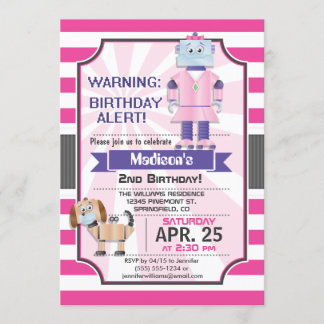 Cute Pink Robot, Girl's Birthday Party Invitation