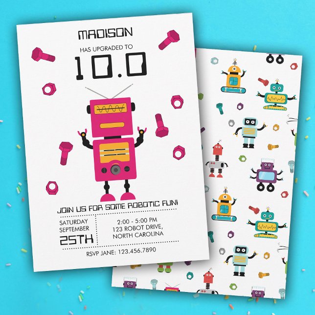 Cute Pink Robot Theme Kids Robots Birthday Party Invitation (Cute Pink Robot Theme Kids Robots Birthday Party Invitation)