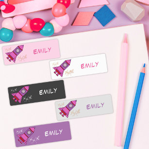 Cute Pink Rocket Ships Girl Labels with Name