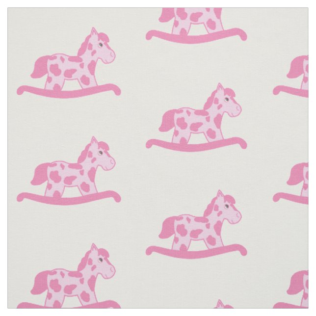 Cute Pink Rocking Horse Pattern on White Fabric (Swatch)