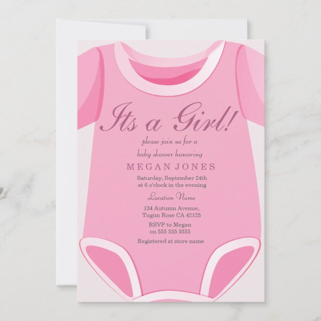 Cute Pink Romper Its a girl baby shower invite (Front)