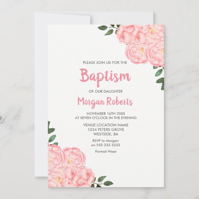 Cute Pink Rose Girl Baptism Christening Invitation (Front)
