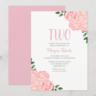 Cute Pink Rose Girls 2nd Birthday Party Invite