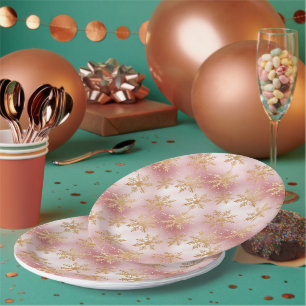 Cute Pink Rose Gold Snowflake Festive Pattern Paper Plate