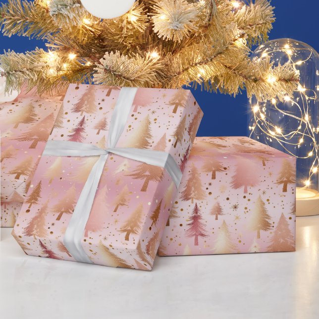 Cute Pink Rose Gold Trees Festive Pattern Wrapping Paper (Holidays)