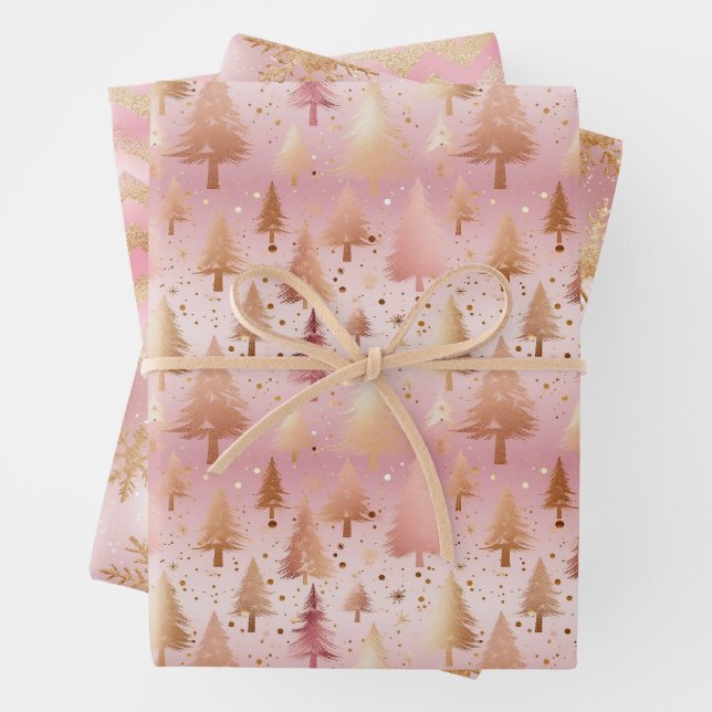 Cute Pink Rose Gold Trees Festive Pattern Wrapping Paper Sheet (In situ)