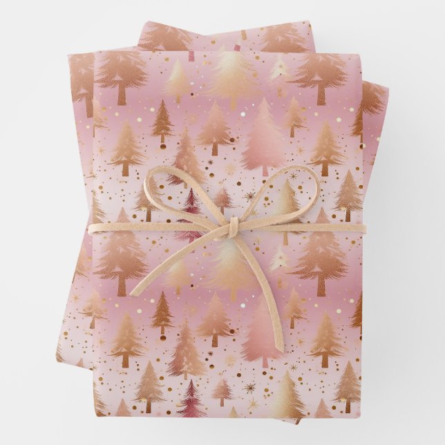 Cute Pink Rose Gold Trees Festive Pattern Wrapping Paper Sheet (In situ)