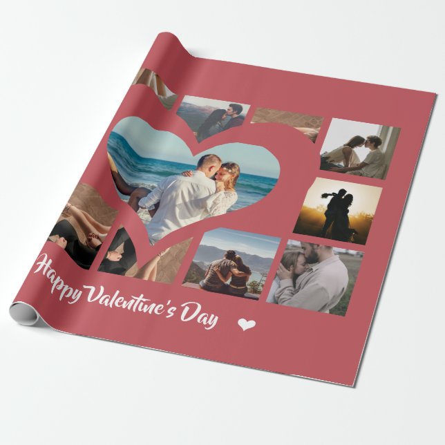 Cute Pink Rose Happy Valentine Photo Collage Love Wrapping Paper (Unrolled)