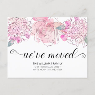 Cute Pink Rose Hydrangea Watercolor Floral Moving Announcement Postcard