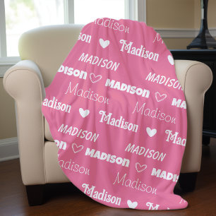 Cute pink rose repeating name personalized girly fleece blanket