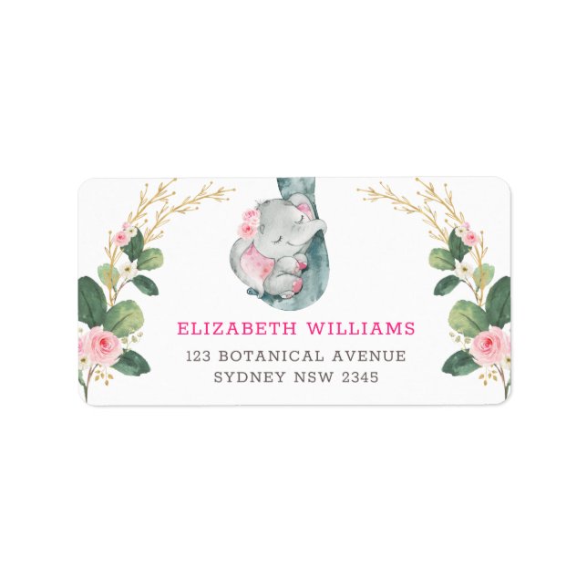 Cute Pink Roses Greenery Sleeping Baby Elephant Label (Front)