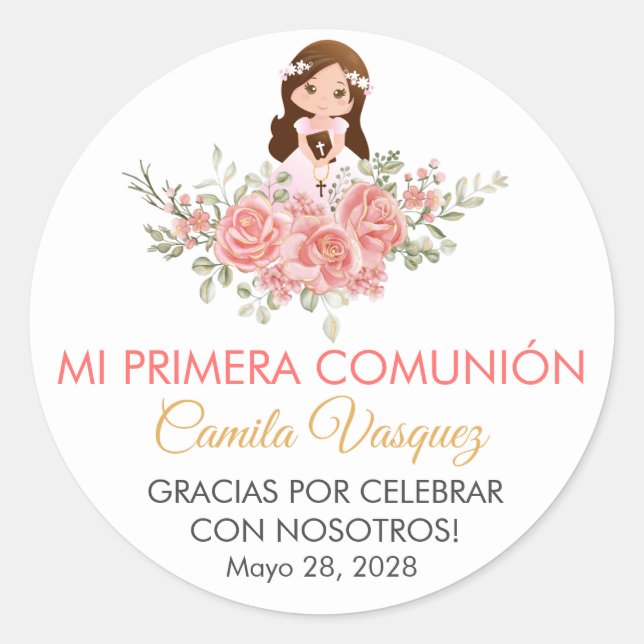 Cute Pink Roses in Spanish First Communion  Classic Round Sticker (Front)