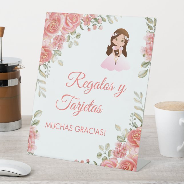 Cute Pink Roses in Spanish First Communion  Pedestal Sign (In SItu)