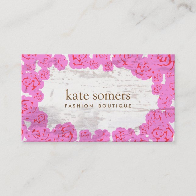 Cute Pink Roses, Rustic Aged Wood, Chic Designer Business Card (Front)
