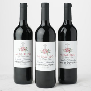 Cute Pink Roses Spanish Baptism and first birthday Wine Label
