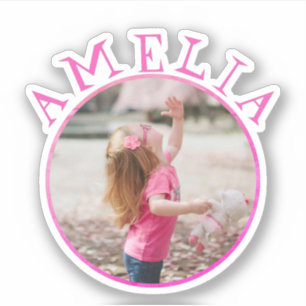 Cute Pink Round Frame Name and Photo Kids Sticker