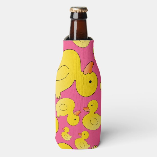 Cute pink rubber ducks bottle cooler (Bottle Front)