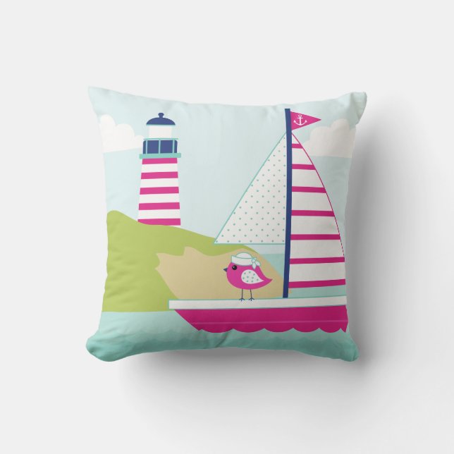 Cute Pink Sail Boat and Lighthouse Throw Pillow (Front)