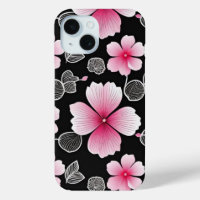 Cute Pink Sakura Pattern on Black Background